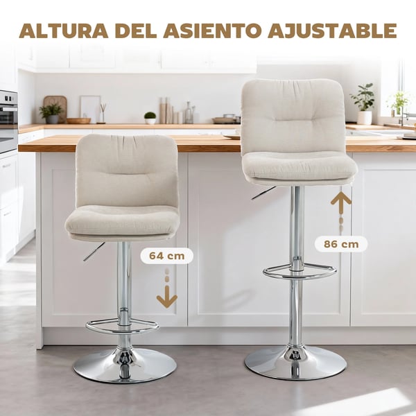 Barstolar 2-pack - Köksbarstolar - Snurrbar - Höjdjusterbar 64–86 cm - Linneklädsel - Ryggstöd och fotstöd - Stoppad sits - Stålbas - Beige