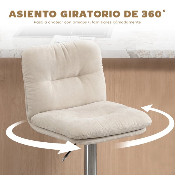 Barstolar 2-pack - Köksbarstolar - Snurrbar - Höjdjusterbar 64–86 cm - Linneklädsel - Ryggstöd och fotstöd - Stoppad sits - Stålbas - Beige