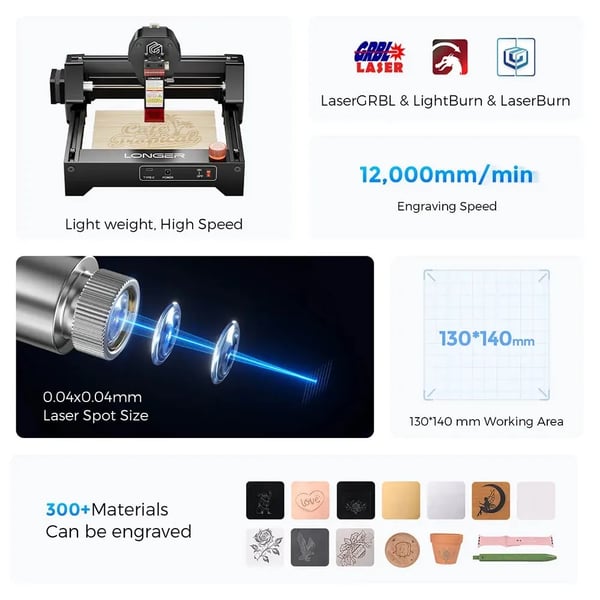 RAY5 Mini 3,5W - Lasergraver - Arbejdsområde 130×140 mm - Hastighed 12.000 mm/min - Præcision 0,04 mm - Wi‑Fi/USB/App - Grøn