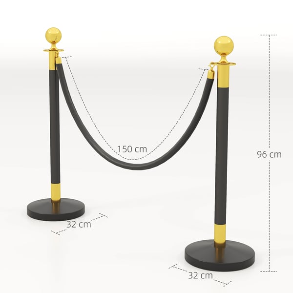 Avspärrningsstolpar med sammetsrep - 2-pack - Rostfritt stål - 96 cm höjd - Fyllbar bas - 2×1,5 m rep - Svart