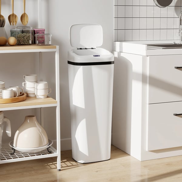 Automatisk soptunna - Köksavfallshink - 50 l - Smal i rostfritt stål - Infraröd sensor + manuell - Påshållare - Anti-fingeravtryck - Vit