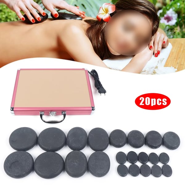 Hot stone massagesæt - 20-delt basaltstenssæt med varmeboks - Til Ryg - 110V/60Hz - 60 W - 60 °C ±10 °C - Sort