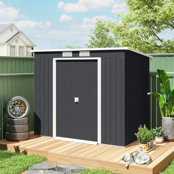 Redskapsbod - Trädgårdsskjul i metall - 2,4 m² 213×130×172 cm - Skjutdörr - Lutande Tak - Med Fönster - Bottenram utan golv - Vattentät - Mörkgrå