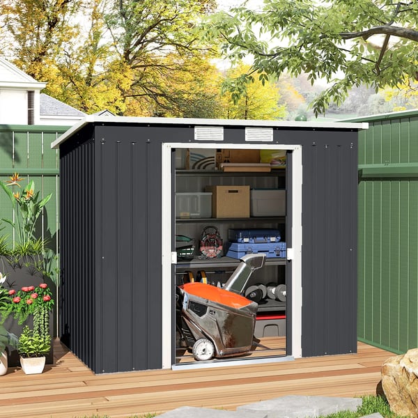 Redskapsbod - Trädgårdsskjul i metall - 2,4 m² 213×130×172 cm - Skjutdörr - Lutande Tak - Med Fönster - Bottenram utan golv - Vattentät - Mörkgrå