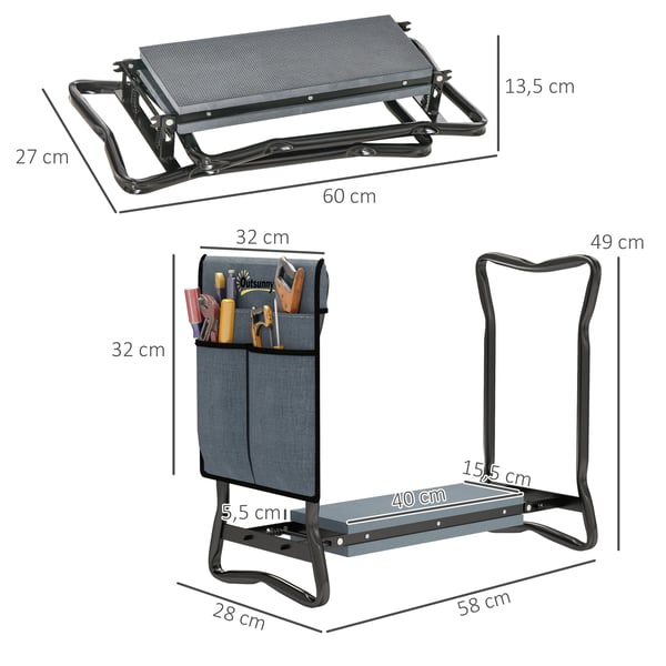 Trädgårdspall - Hopfällbar Pall 845-335V00Gy - EVA-skumdyna - Två-i-ett Sits & Pall - Verktygsväska - Metallram - Storlek 58x28x49 cm - Mörkgrå