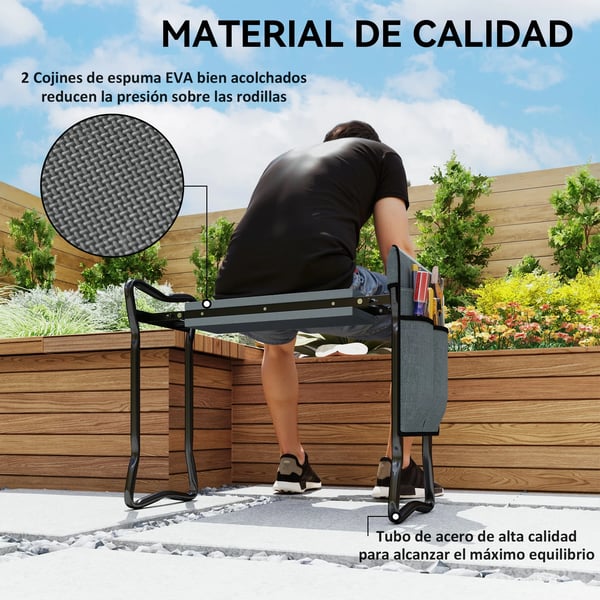 Trädgårdspall - Hopfällbar Pall 845-335V00Gy - EVA-skumdyna - Två-i-ett Sits & Pall - Verktygsväska - Metallram - Storlek 58x28x49 cm - Mörkgrå