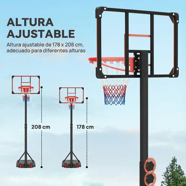 Basketkorg - Stativ - Justerbar höjd 178–208 cm - Fyllbar bas - Hjul för enkel flytt - För tonåringar och vuxna - Svart