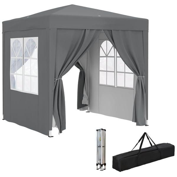 Paviljong - Pop-up Partytält - 2x2 m - 4 Väggar, 2 Fönster - Stålram - PU-belagd Oxfordduk - UV-skydd, Vattentät, Bärväska - Ljusgrå