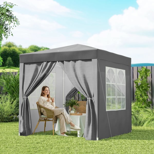 Paviljong - Pop-up Partytält - 2x2 m - 4 Väggar, 2 Fönster - Stålram - PU-belagd Oxfordduk - UV-skydd, Vattentät, Bärväska - Ljusgrå