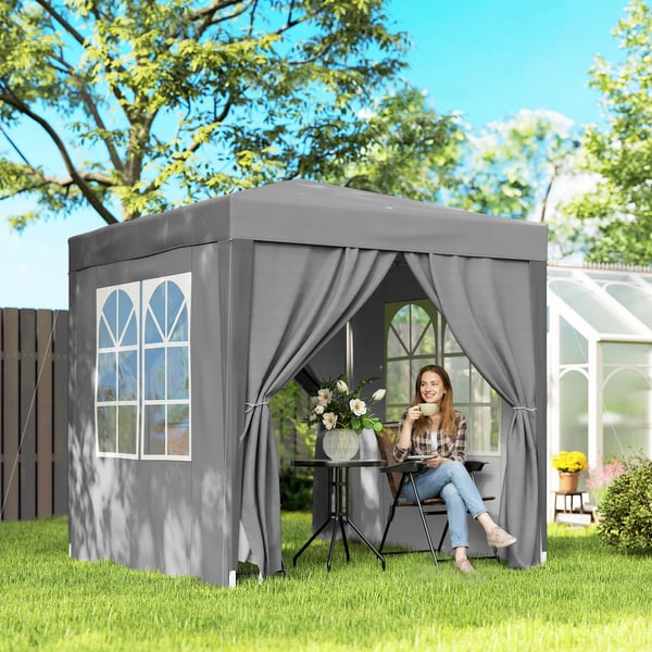 Paviljong - Pop-up Partytält - 2x2 m - 4 Väggar, 2 Fönster - Stålram - PU-belagd Oxfordduk - UV-skydd, Vattentät, Bärväska - Ljusgrå