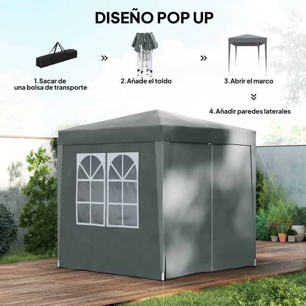 Paviljong - Pop-up Partytält - 2x2 m - 4 Väggar, 2 Fönster - Stålram - PU-belagd Oxfordduk - UV-skydd, Vattentät, Bärväska - Ljusgrå