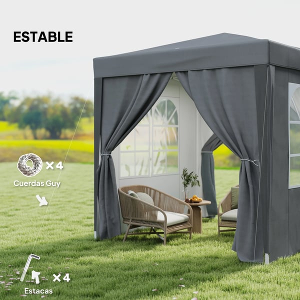 Paviljong - Pop-up Partytält - 2x2 m - 4 Väggar, 2 Fönster - Stålram - PU-belagd Oxfordduk - UV-skydd, Vattentät, Bärväska - Ljusgrå