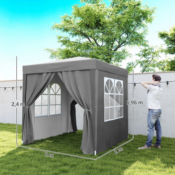 Paviljong - Pop-up Partytält - 2x2 m - 4 Väggar, 2 Fönster - Stålram - PU-belagd Oxfordduk - UV-skydd, Vattentät, Bärväska - Ljusgrå