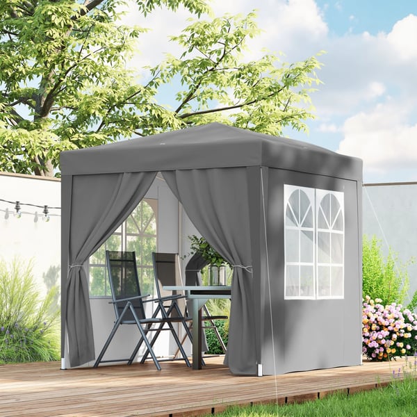 Paviljong - Pop-up Partytält - 2x2 m - 4 Väggar, 2 Fönster - Stålram - PU-belagd Oxfordduk - UV-skydd, Vattentät, Bärväska - Ljusgrå