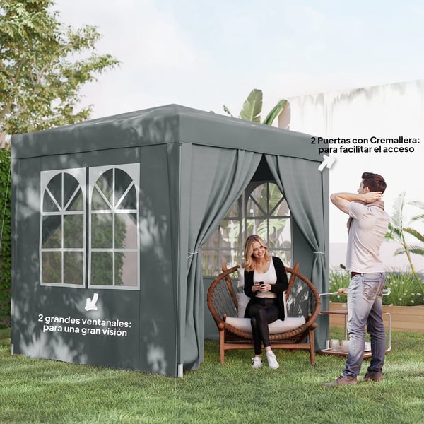 Paviljong - Pop-up Partytält - 2x2 m - 4 Väggar, 2 Fönster - Stålram - PU-belagd Oxfordduk - UV-skydd, Vattentät, Bärväska - Ljusgrå