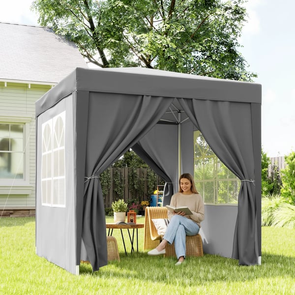 Paviljong - Pop-up Partytält - 2x2 m - 4 Väggar, 2 Fönster - Stålram - PU-belagd Oxfordduk - UV-skydd, Vattentät, Bärväska - Ljusgrå