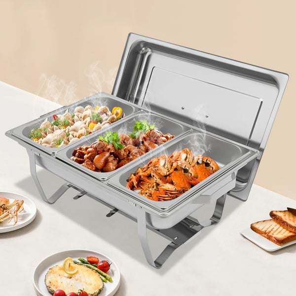 Buffetvarmer - Chafing dish - Rektangulær med 3 rum - 5 L - Rustfrit stål - 60x34,5x30 cm - Sølv