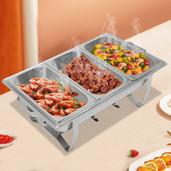 Buffetvarmer - Chafing dish - Rektangulær med 3 rum - 5 L - Rustfrit stål - 60x34,5x30 cm - Sølv