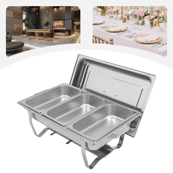Buffetvarmer - Chafing dish - Rektangulær med 3 rum - 5 L - Rustfrit stål - 60x34,5x30 cm - Sølv