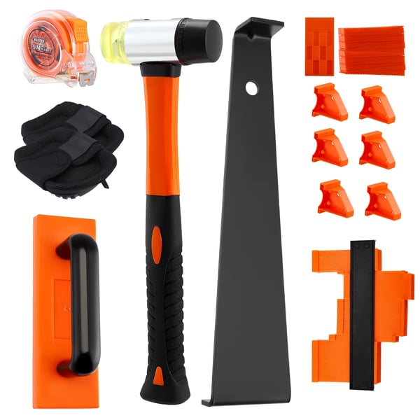 Golvläggningskit - Laminat- och trägolv - 107 delar - 100 distanser - Dragjärn - Gummiklubba - Måttband - Plast - Orange