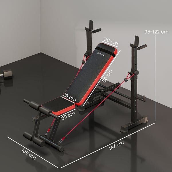 Träningsbänk - Viktbänk med skivstångsställning - Maxbelastning 420 kg - Justerbart ryggstöd - Hemmagym - Styrketräning - Armträning - Svart