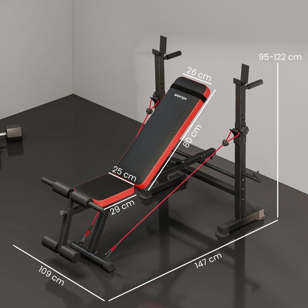 Träningsbänk - Viktbänk med skivstångsställning - Maxbelastning 420 kg - Justerbart ryggstöd - Hemmagym - Styrketräning - Armträning - Svart