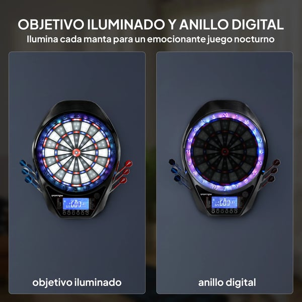 Elektronisk darttavla - Dartboard - LED-skärm - 34 spel, 2235 program - 6 pilar, 24 mjukspetsar - 60,5x45,5x3,6 cm - Flerfärgad