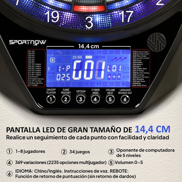 Elektronisk darttavla - Dartboard - LED-skärm - 34 spel, 2235 program - 6 pilar, 24 mjukspetsar - 60,5x45,5x3,6 cm - Flerfärgad