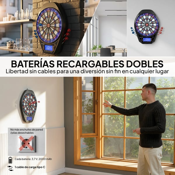 Elektronisk darttavla - Dartboard - LED-skärm - 34 spel, 2235 program - 6 pilar, 24 mjukspetsar - 60,5x45,5x3,6 cm - Flerfärgad