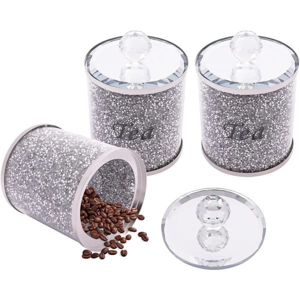 Sæt med 3 - Opbevaringsdåser til te kaffe sukker - Lufttætte - Glas med låg i rustfrit stål - Med etiketter - 10x14 cm - Gennemsigtig