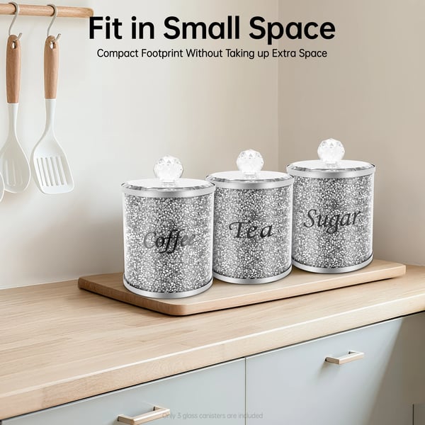 Sæt med 3 - Opbevaringsdåser til te kaffe sukker - Lufttætte - Glas med låg i rustfrit stål - Med etiketter - 10x14 cm - Gennemsigtig