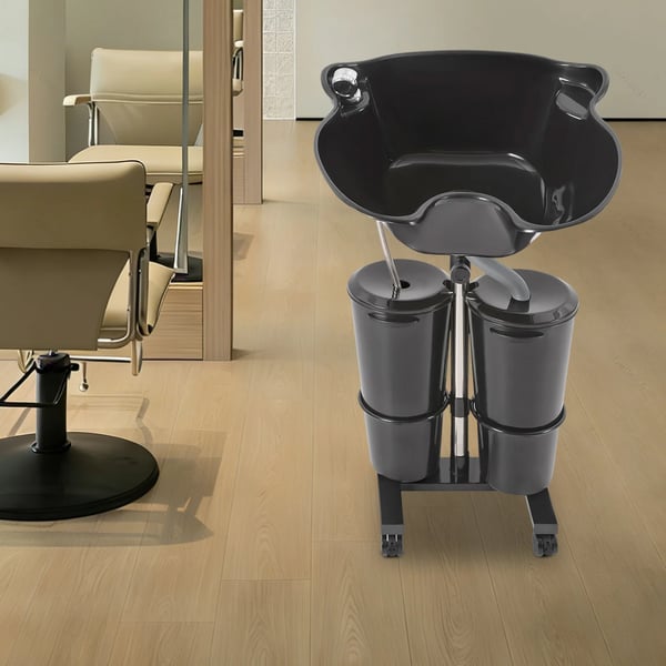 Bærbar shampoo-bassin - Frisørvask - Justerbar højde - Fritstående - 4 hjul - 2×10 l spande - 24 V strømforsyning 100–240 V - Sort