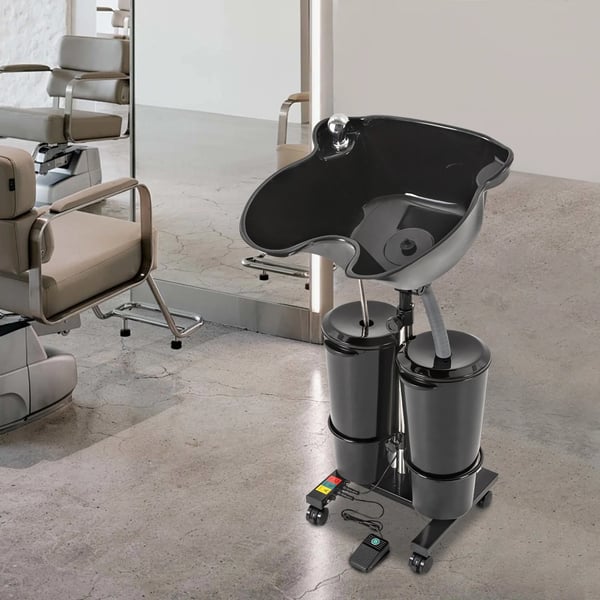 Bærbar shampoo-bassin - Frisørvask - Justerbar højde - Fritstående - 4 hjul - 2×10 l spande - 24 V strømforsyning 100–240 V - Sort