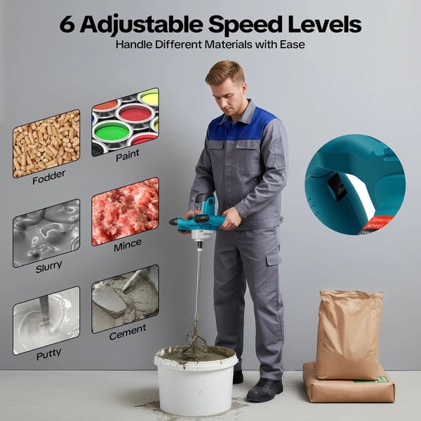 Håndholdt el-blander til maling/mørtel - XY-168 - 2100 W - 6 trin - 0–800 rpm - M14 - EU-stik - Lyseblå