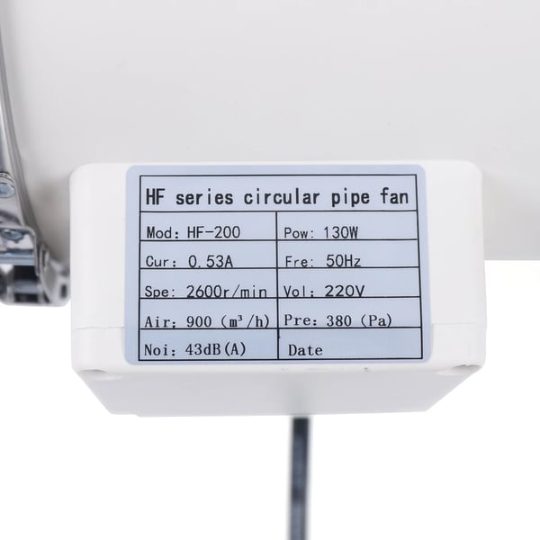 Kanalventilator / udsugningsventilator - HF-200P - 130 W - 220 V 50 Hz - 43 dB lavt støjniveau - 380 Pa - 2600 o/min - Hvid