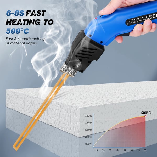 Skumskærer - Elektrisk varmkniv - 200 W - Op til 500 °C - Justerbar temperatur - Til EPS/skum, nonwoven og reb - AC-drift - Blå