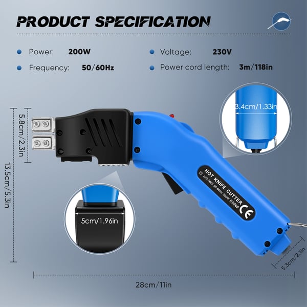 Skumskærer - Elektrisk varmkniv - 200 W - Op til 500 °C - Justerbar temperatur - Til EPS/skum, nonwoven og reb - AC-drift - Blå