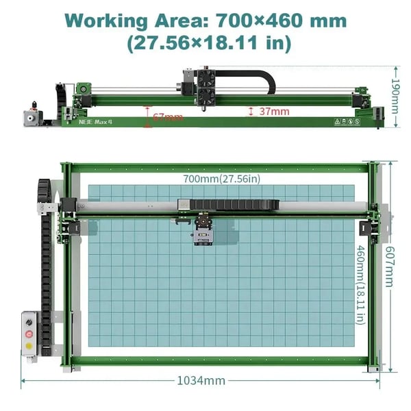 Max4 V2 E80 20W - Lasergraverer & laserskærer - Motoriseret Z-akse - Arbejdsområde 70×46–70×103 cm - Hastighed 1000 mm/s, 100000 mm/s² - Grøn