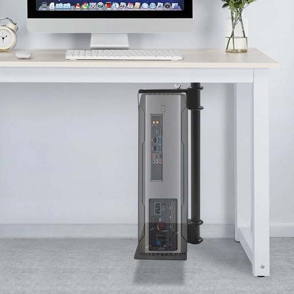 Under-bord PC-holder - CPU-beslag - Hængende - Kraftigt stål - Pladsbesparende - Ventileret rundt design - Sølv