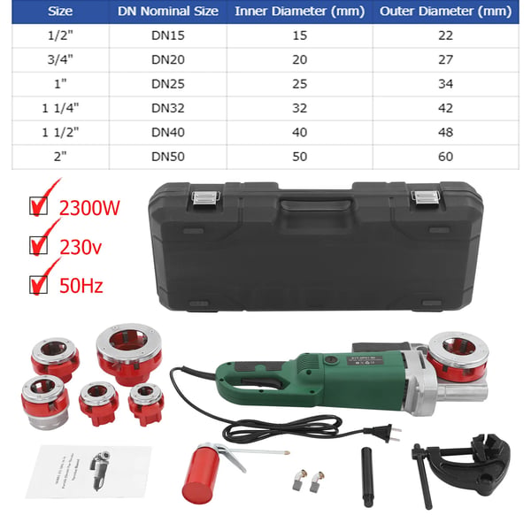 Elektrisk rørgevindskæresæt - ZIT-KY01-50 med dobbelt afbryder - 2300 W, 230 V EU-stik - DN15–50 (20,9–59,6 mm) - 6 snitbakker - 26 o/min - Grøn
