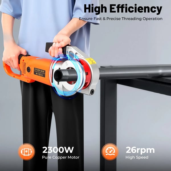 Elektrisk rørgevindskærer - ZIT-KY01-50 - 230V 2300W - 6 snitbakker 1,27–5,08 cm (DN15–50) - Rørholder - Dobbelt afbryder - EU-stik - Orange