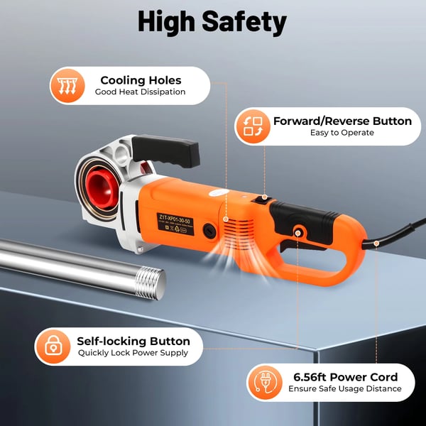 Elektrisk rørgevindskærer - ZIT-KY01-50 - 230V 2300W - 6 snitbakker 1,27–5,08 cm (DN15–50) - Rørholder - Dobbelt afbryder - EU-stik - Orange