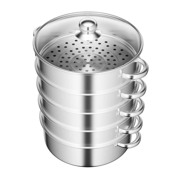 Höyrykattila - Höyrykeitin Steamer - 5 Tasoa - Ruostumaton Teräs - 28 cm - Lasikansi - 15 kg/Taso - Pinottava - Vaaleanharmaa