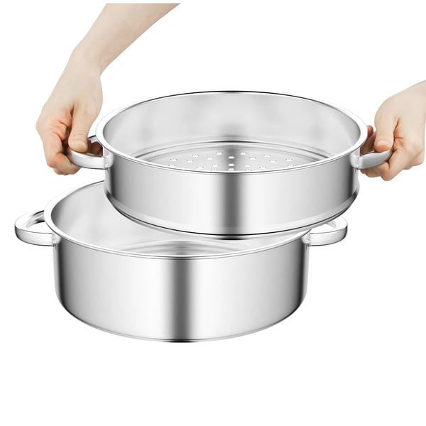 Dampkoger - Steamer Gryde - 5 Lag - Rustfrit Stål - 28 cm - Glaslåg - 15 kg pr. Lag - Stabelbar - Lysgrå