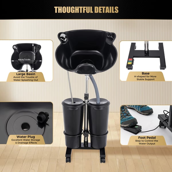 Bærbar shampoo-vask - Mobil salonvask - 30 cm Dyb - Justerbar Højde 1,02–1,37 m - 270° Vinkel - 2×9 L Spande - 4 Hjul - EU 100–240 V - Sort
