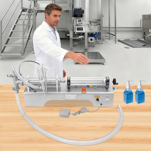 Væskepåfylder - Horisontal pneumatisk enkeltmundstykke - Volumen 100–1000 ml - Automatisk dosering - AISI 304 rustfrit stål - Sølv