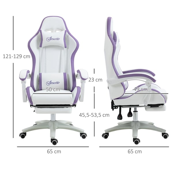 Gamingstol - Kontorsstol - PU-läder - Justerbar höjd - Lutning 135° - Nackstöd och fotstöd - 65x65x121-129 cm - Vit