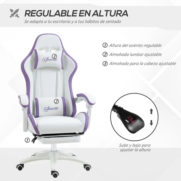 Gamingstol - Kontorsstol - PU-läder - Justerbar höjd - Lutning 135° - Nackstöd och fotstöd - 65x65x121-129 cm - Vit