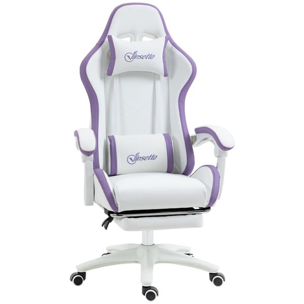 Gamingstol - Kontorsstol - PU-läder - Justerbar höjd - Lutning 135° - Nackstöd och fotstöd - 65x65x121-129 cm - Vit