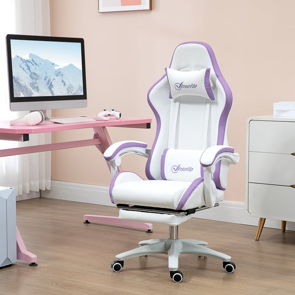 Gamingstol - Kontorsstol - PU-läder - Justerbar höjd - Lutning 135° - Nackstöd och fotstöd - 65x65x121-129 cm - Vit